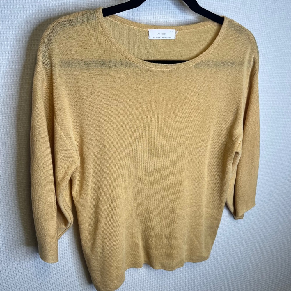 Oak + Fort Mustard Yellow Sheer Knit 3/4 Sleeve Sweater OS
